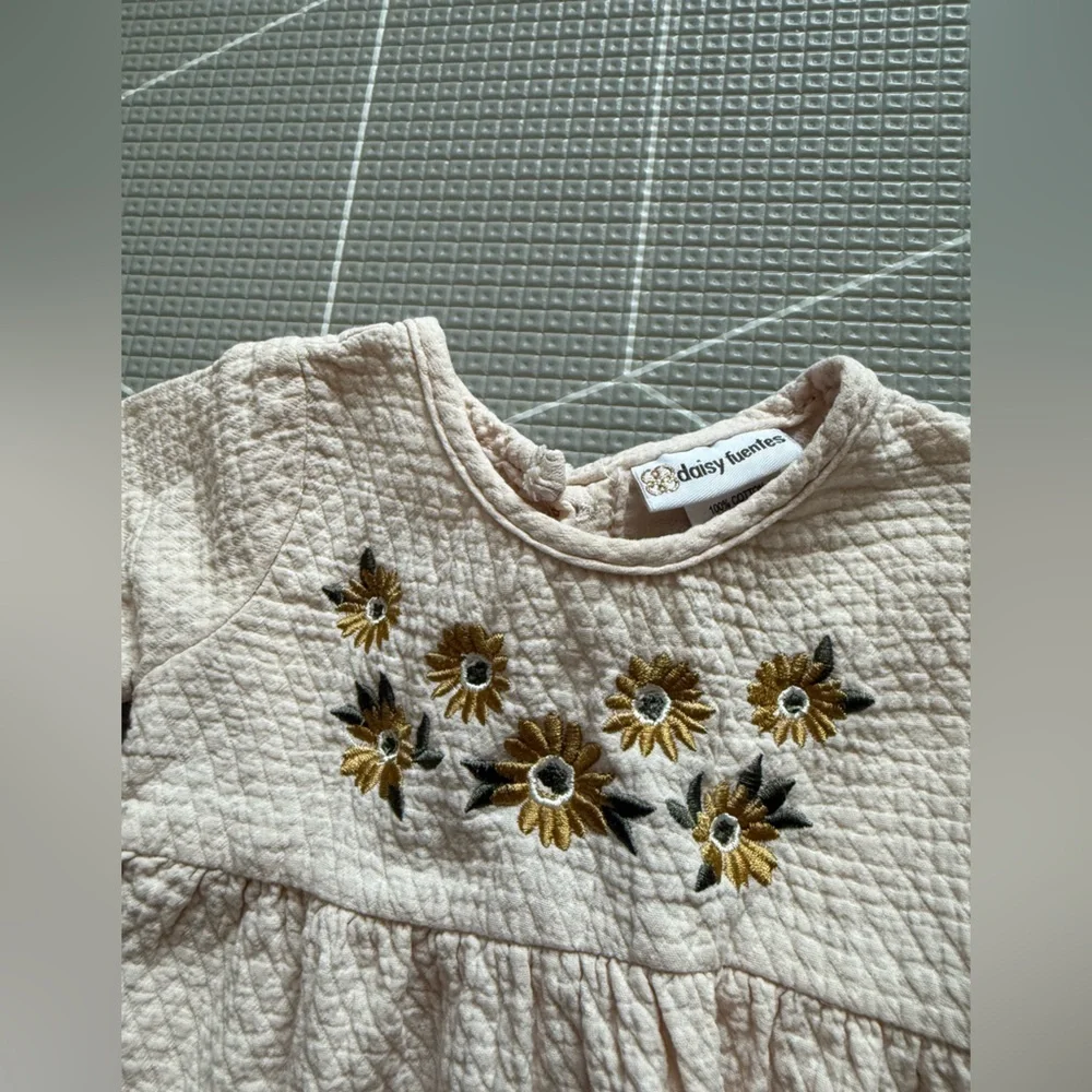 Daisy Fuentes|Baby girl Cream Quilted long sleeve Dress w Sunflower Embroidery•